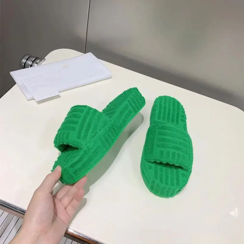 

New arrivals women's shoes casual fashion home outing green towel thick bottom Furry Fur Slippers flat slippers for women, Green creamy orange