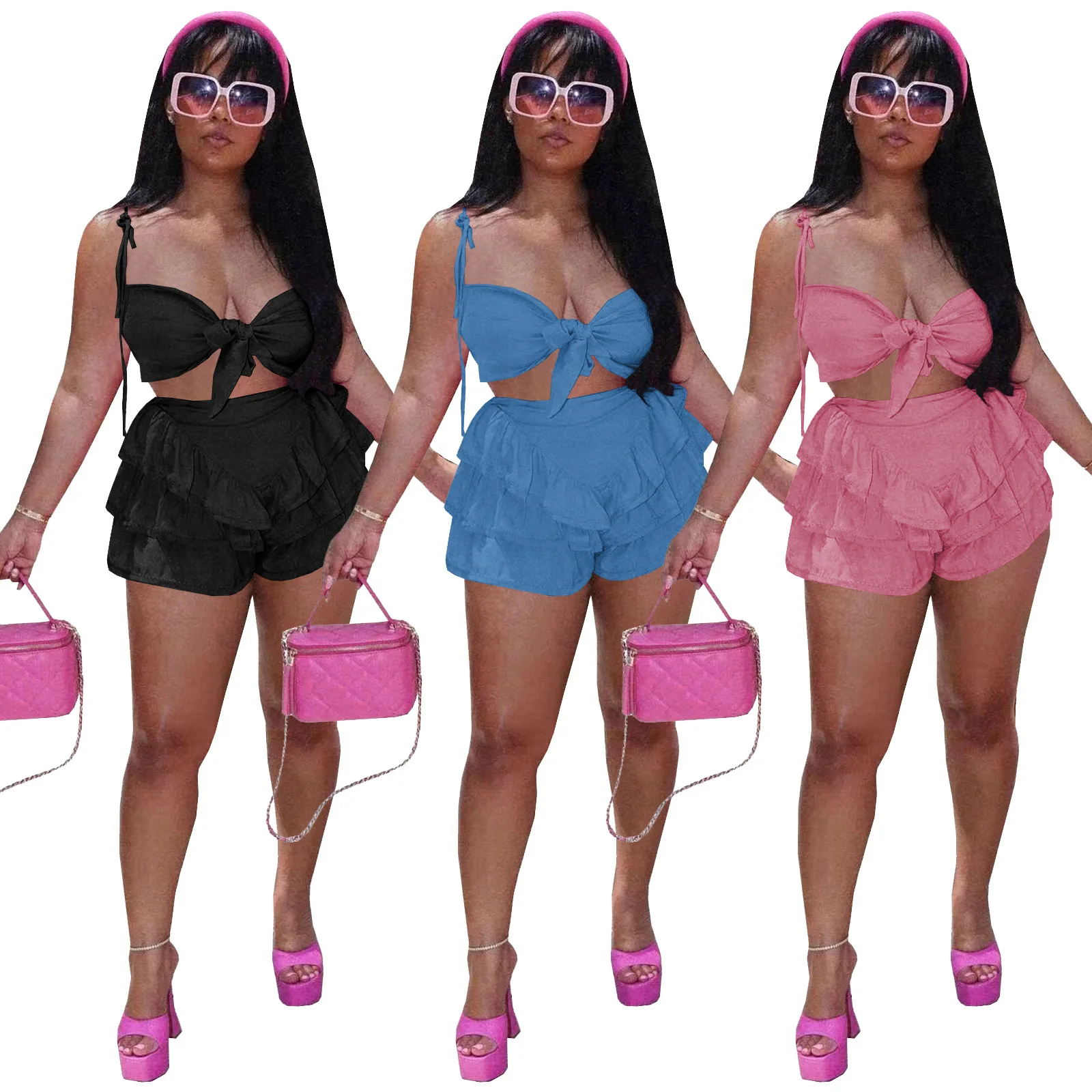 

Custom Logo 2022 Summer Short Sports Crop Top Bra Strapless Drawstring Short Two Piece Set Jogger Tracksuit Sweatsuit Women