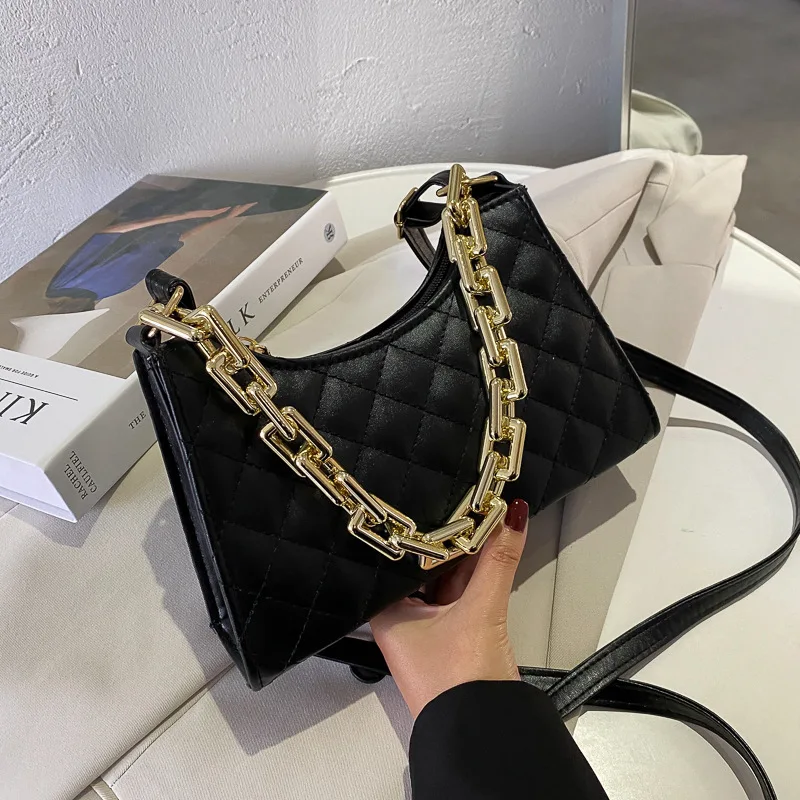 

2022 Lattice Popular Style Elegant Golden Chain Pu Leather Bag Women Handbags Luxury PU Leather Fashion Shoulder Bag