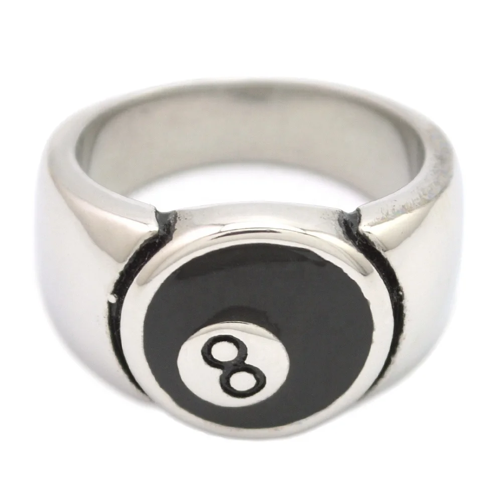 Trendy New Unisex Custom Simple Style Stainless Steel Silver Tone Chunky Snooker Black 8 Ball Enamel Casual Cluster Rings