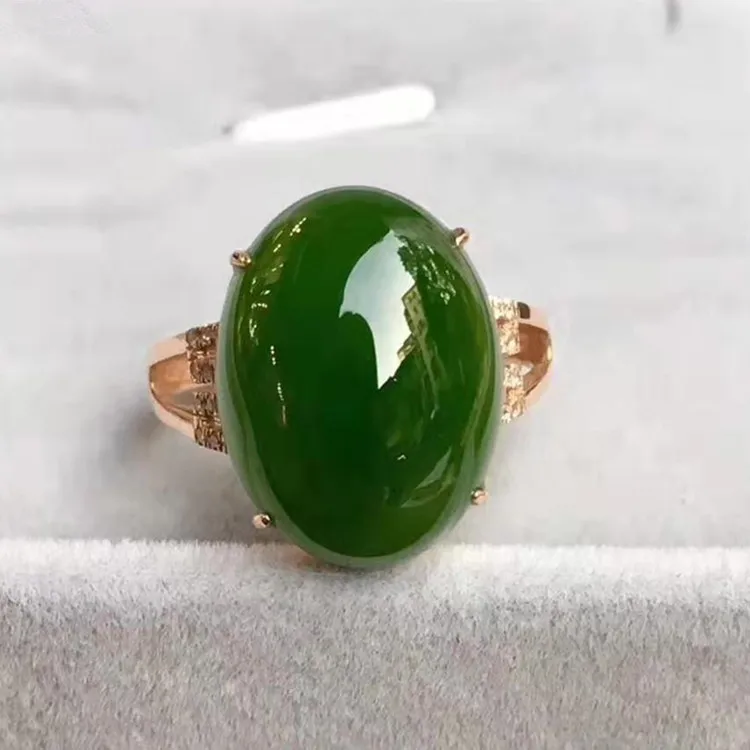 

Chinese traditional jade gemstone jewelry wedding 18k gold 12x16mm natural spinach green hetian jasper ring