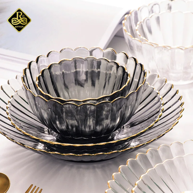 

Lace Chrysanthemum Glass Plate Phnom Penh Transparent Glass Salad Bowl Tableware, White,black
