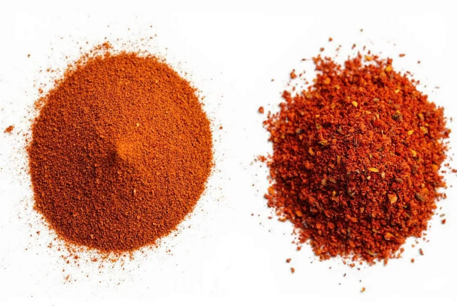 Side-by-side comparison of authentic Aleppo pepper flakes next to standard red pepper flakes showing color and texture differences