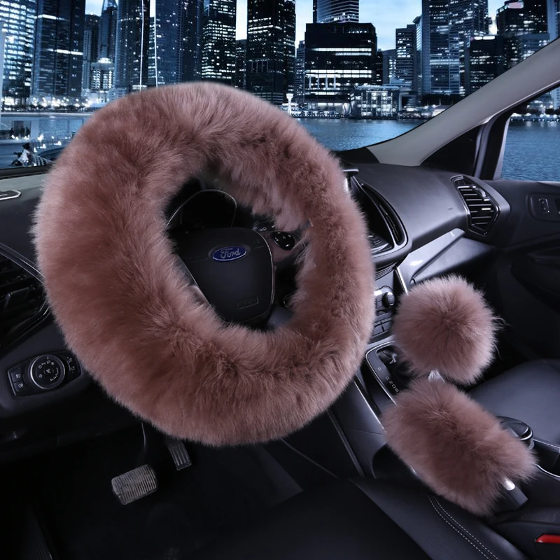 

GUTSBOX 1 Set 3 Pcs Anti-Slip, Odorless Australia Pure Wool Universal 15 inch Fashion Fluffy Furry Steering Wheel Cover