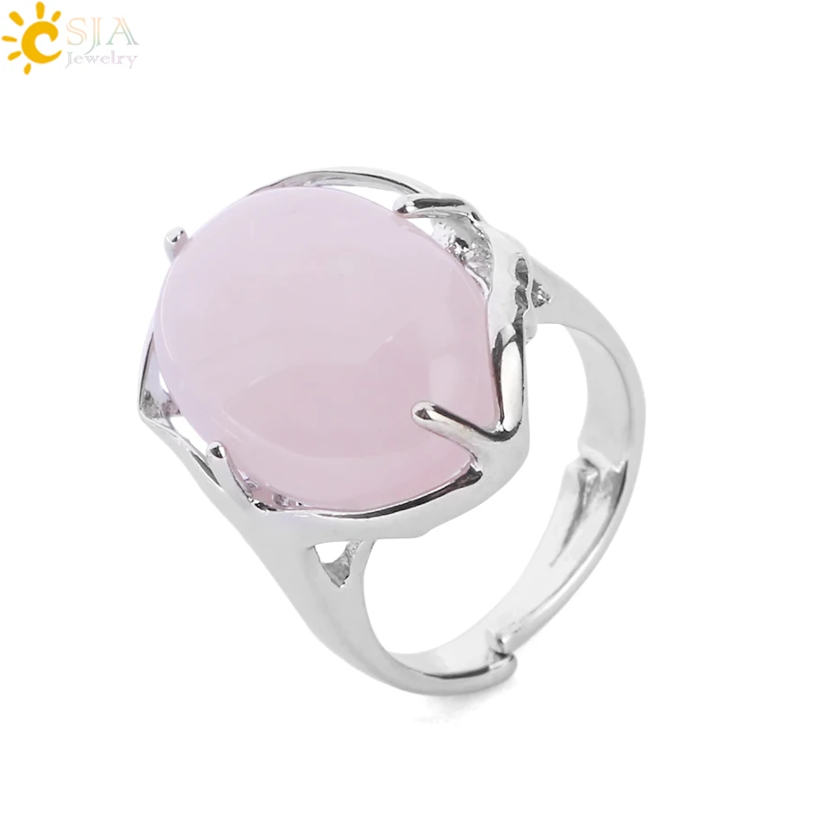 

CSJA 2020 newest natural opal oval cabochon gemstone ring stainless steel pink quartz engagement rings jewelry E583