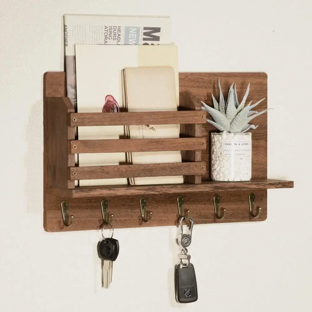 Entryway Mail Envelope Organizer Wall Mounted With 6 Key Hooks,Rustic ...