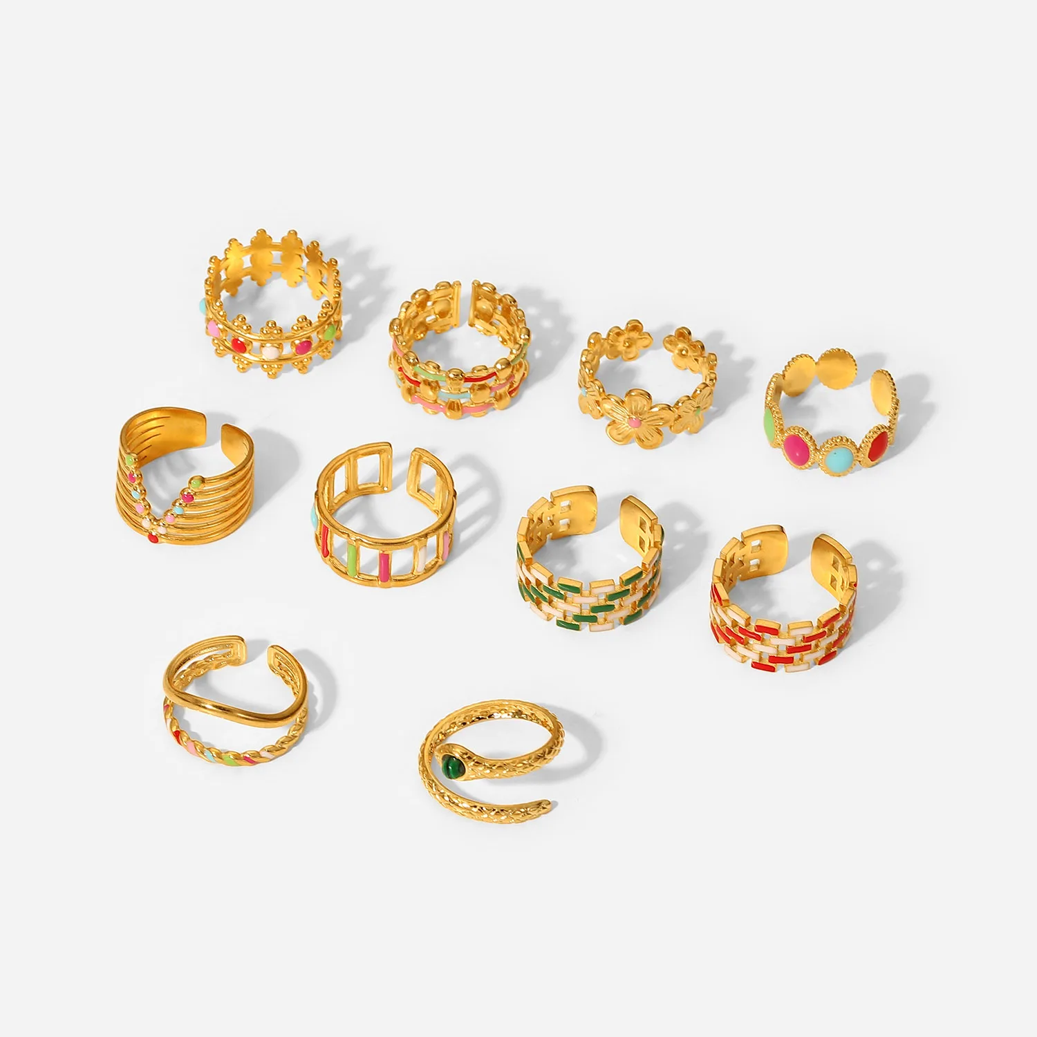 

18k Gold Bean Stainless Steel Rings Girls Gift Colorful Drop Oil Adjustable Open Enamel Rings