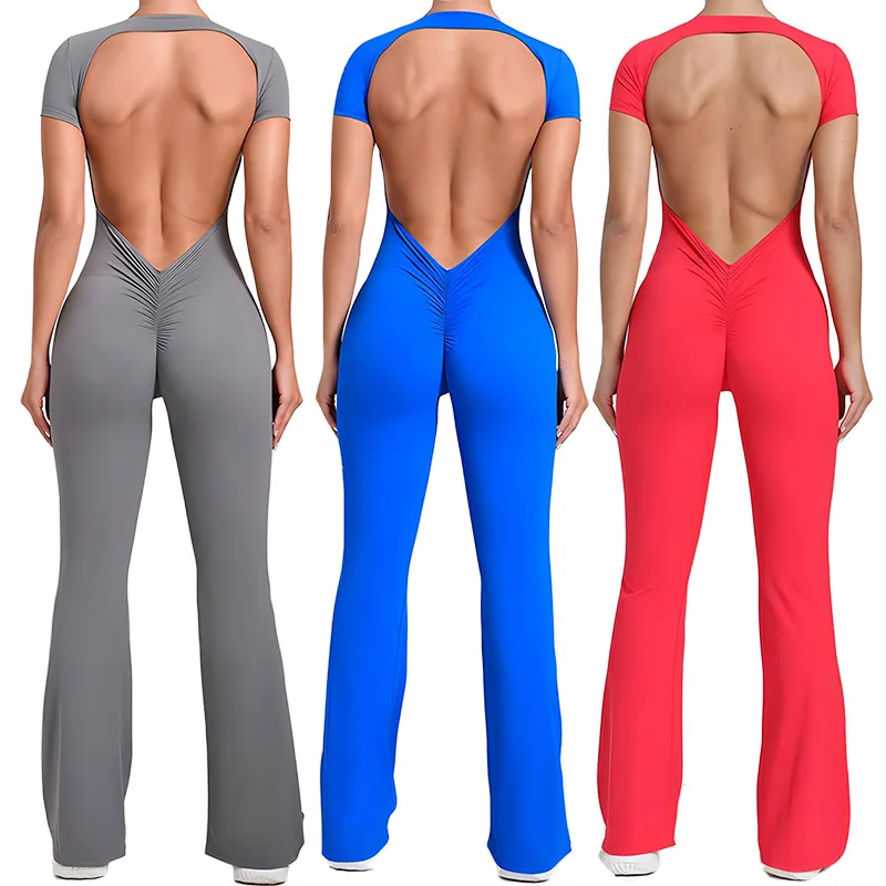 Backless Jumpsuit Gym Set Scrunch Butt Flared Leggings