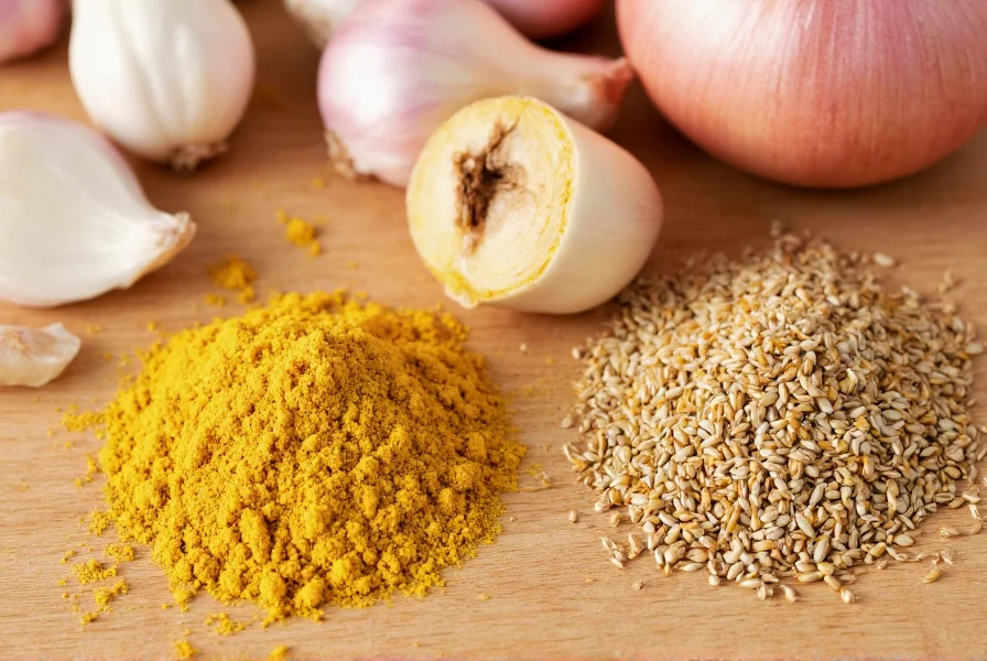 Close-up of asafoetida powder next to common kitchen substitutes like garlic, onion, and fenugreek seeds on wooden cutting board