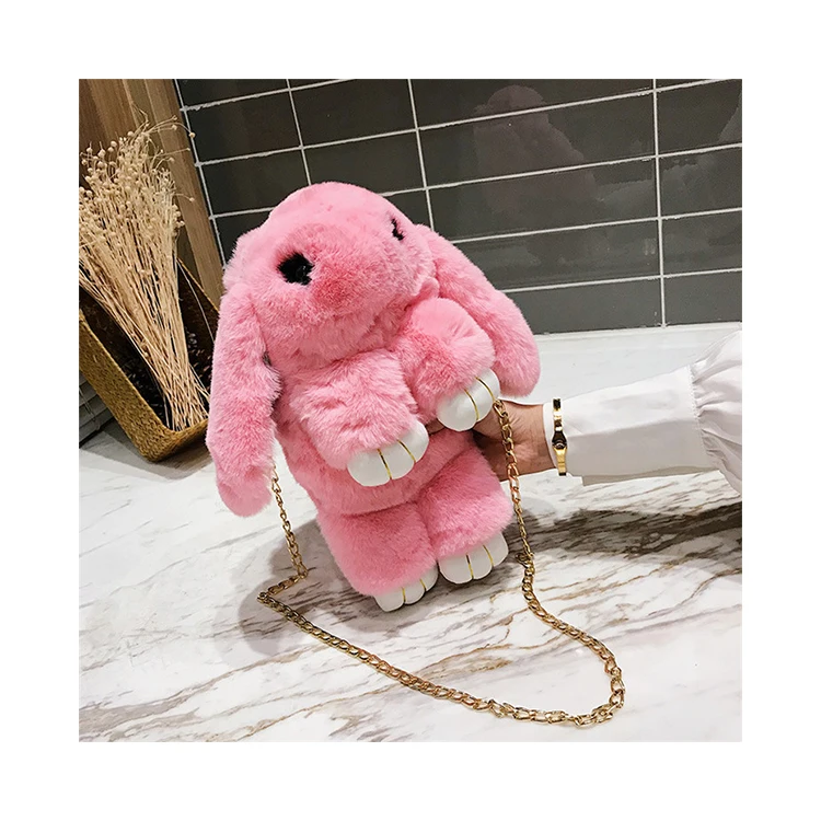 

Designed and made in China Rabbit Fur Handbag Women's Casual Long Chains Cartoon Bunny Messenger Bag, Customized