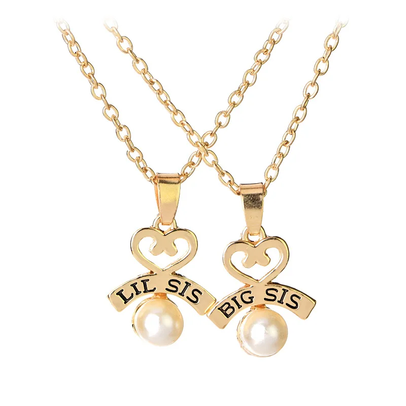 

Fashion Girls Jewelry Big Sister Gold link Chain Heart Letter Pearl Necklace, As pic