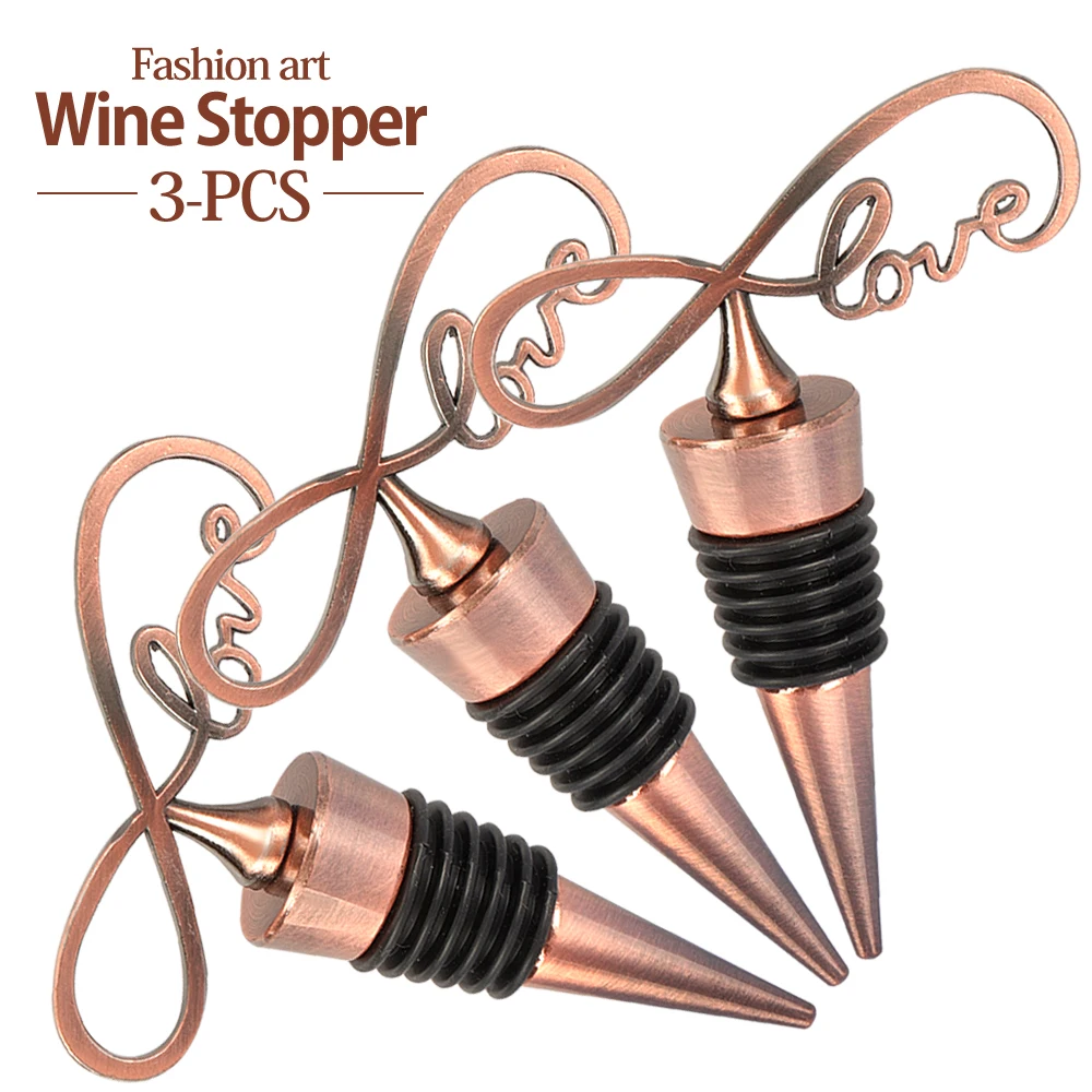 Promotion 3 Pieces Zinc Alloy Copper Heart Shaped Wine Stoppers Silicone Rubber Wine Bottle