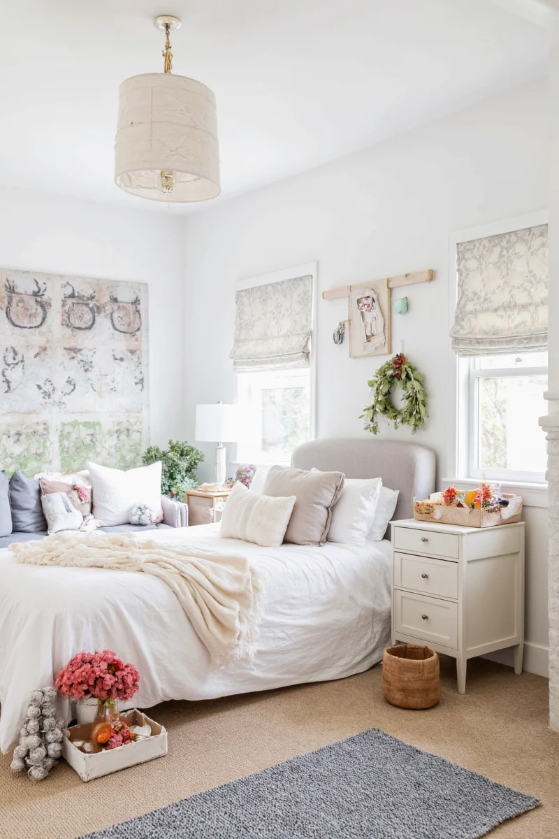 Layered bedding with fluffy blankets and faux fur throws