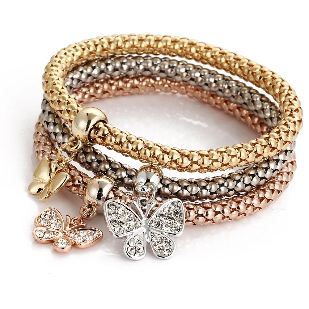 

Wholesale Alloy Three-color Set  Chain Bracelet Diamond Butterfly Pendant Bracelet For Ladies, 3 colors