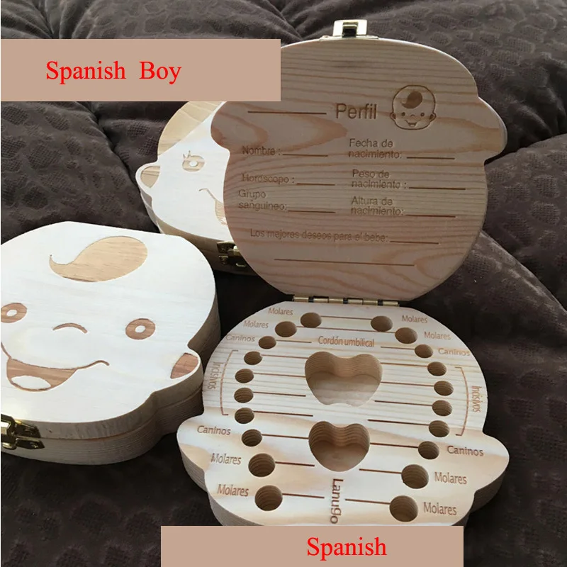 

Baby Wooden Tooth Box Spanish English French Russia Dutch Organizer Milk Teeth Storage Collect Teeth Umbilica Save Gifts