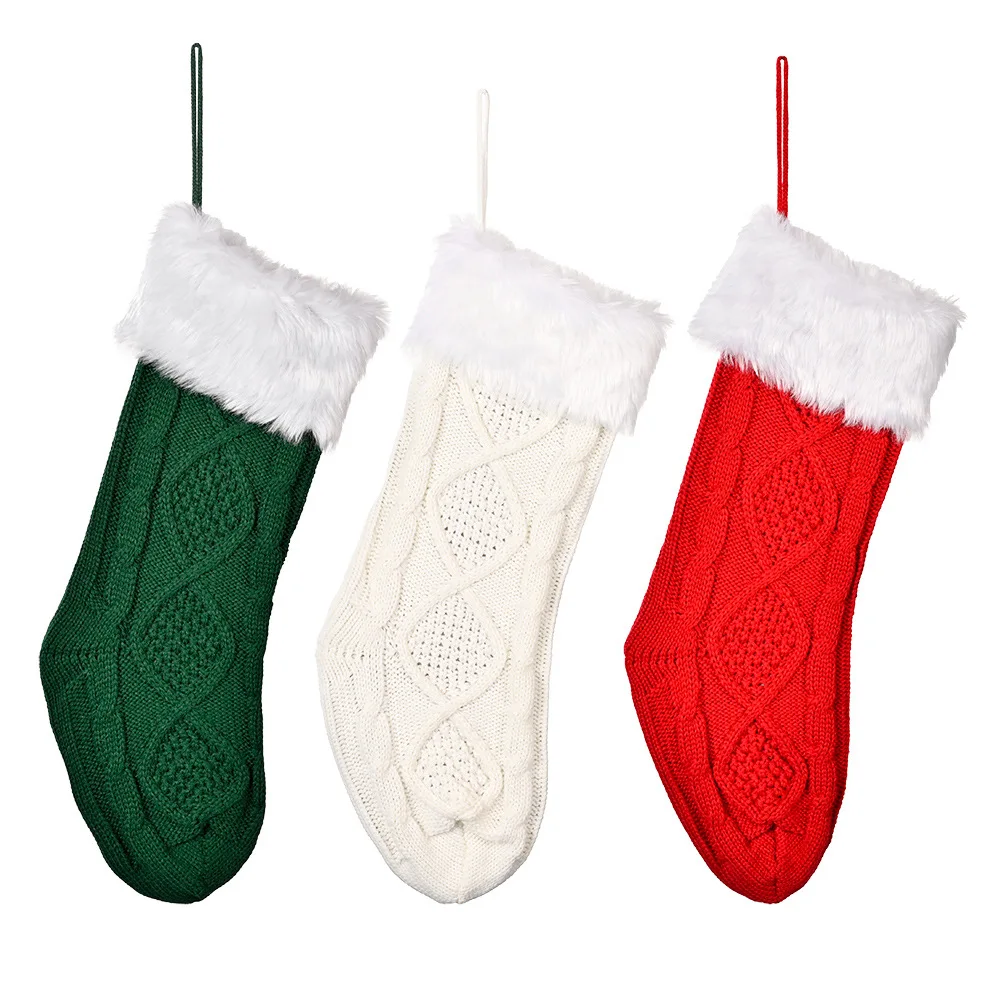 

Free shipping Christmas Decorative stocking white fur-edged knitting socks children Christmas gifts candy bags