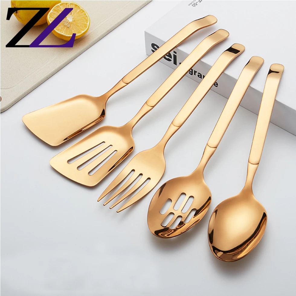 

5pcs stainless steel dinnerware golden server food salad fork spoons set portion buffet catering control gold rice serving spoon, Stainless steel/gold/ rose gold available