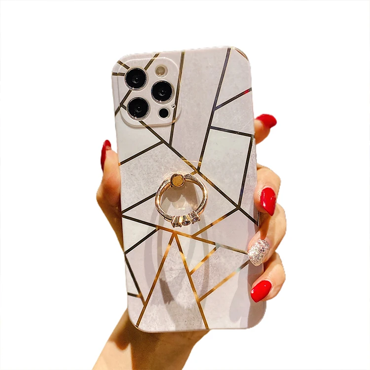 

Luxury Colorful Geometric Plating TPU Marble Finger Ring Phone Case For iPhone 12 Pro Max, Black / blue / gray / light green / light pink / pink / purple / white