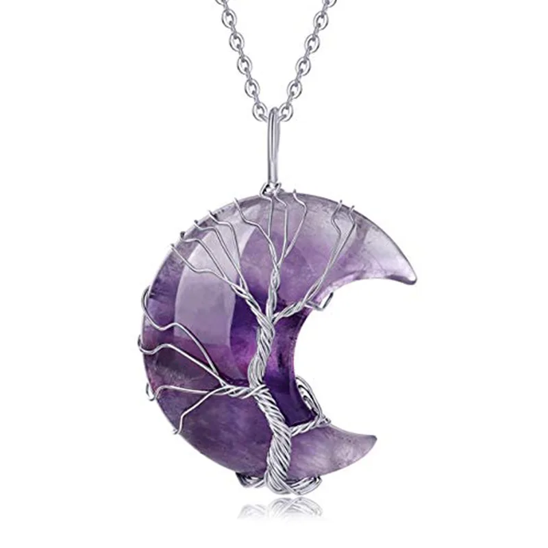 

Natural Stone Amethyst Moon Life Tree Pendant Necklace Wrapped and Twisted Handmade Fortune Tree Crystal DIY Necklace