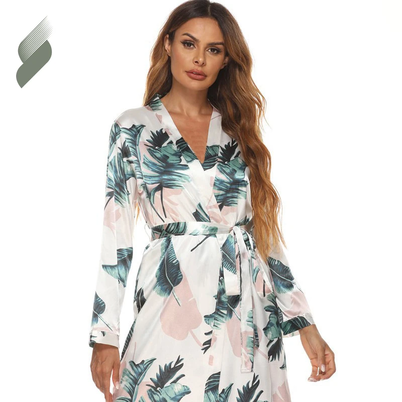 

Ladies Loungewear Floral Silk Dressing Gowns Robe Sleeping Wear Shawl Collar And Tie Belt Peignoirs Femme Women Bathrobes, Photo color