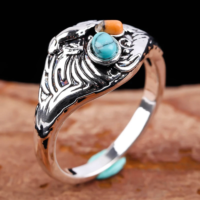 

Animal Pattern Women And Men Turquoise Gemstone Ring Vintage Silver Color Agate Eagle Designs Two Stone Ring