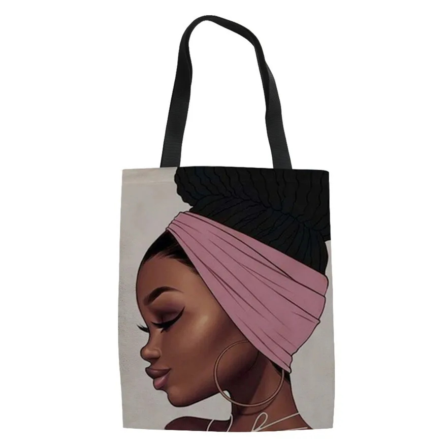 

Custom Black Art African Girl Printing Eco Friendly Lady Canvas Hand Bag Travel Beach Shopping Tote Shoulder Bag Women Handbags, Customized color