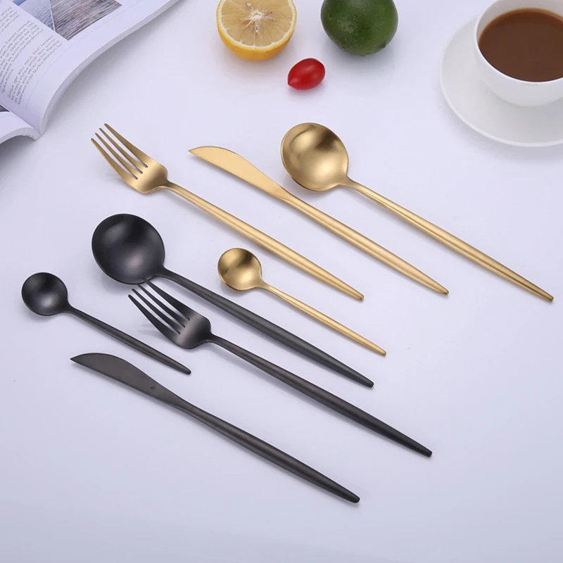 

Kitchen Dinnerware knife spoon fork cutlery silverware black gold flatware set 304 18 10 gold bulk cutlery set stainless steel, Customized color
