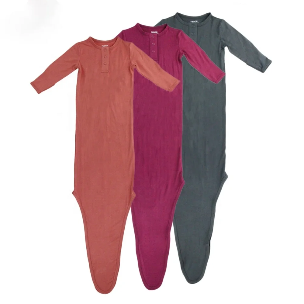 

Summer unisex 95% bamboo 5% spandex plain color newborn knotted baby gown infant baby knot gowns, 3 colors in stock now