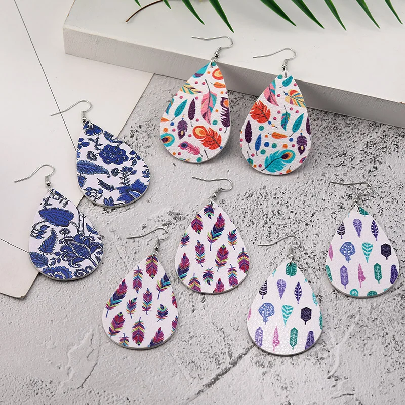 

Handmade Colorful Feather Printing Teardrop Earring Unique Jewelry Cute Leather Earrings for Women Gift Wholesale