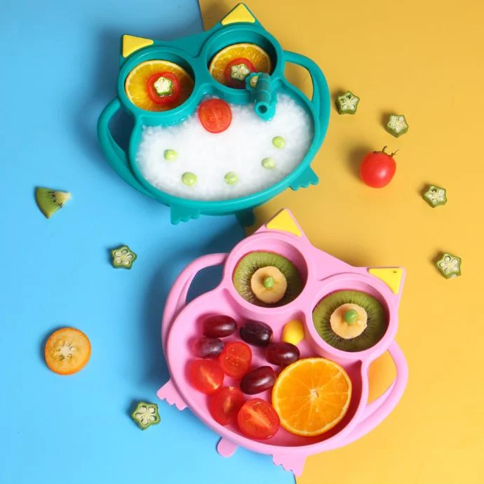 

New Design Custom Silicone Divided Toddler Baby Anti Slip Plate BPA Free Baby Feeding Food Dining Plate For Baby, Green/pink