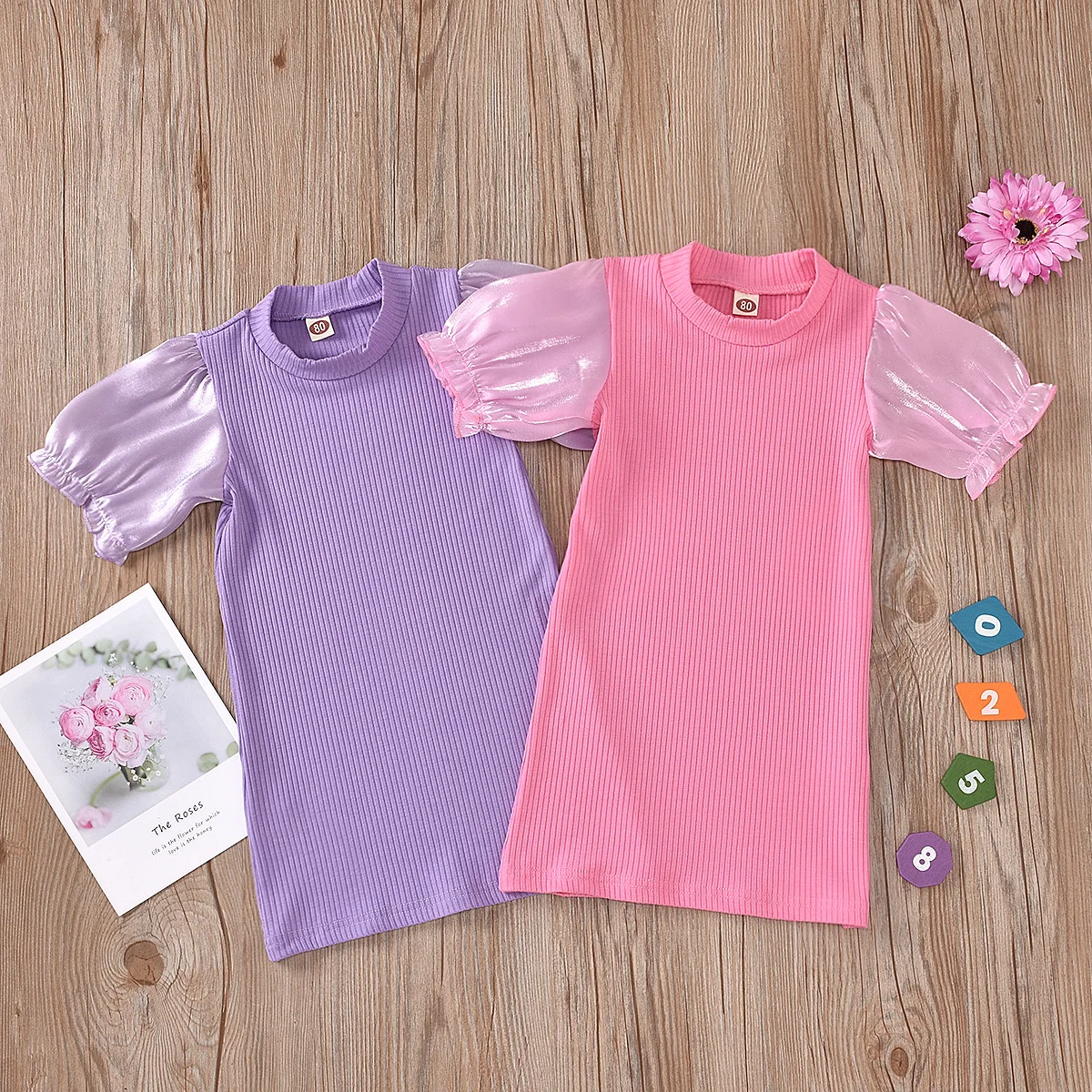 

Boutique Baby Girls Solid Ribbed Cotton Puff Sleeve Kids Summer Clothes Dresses
