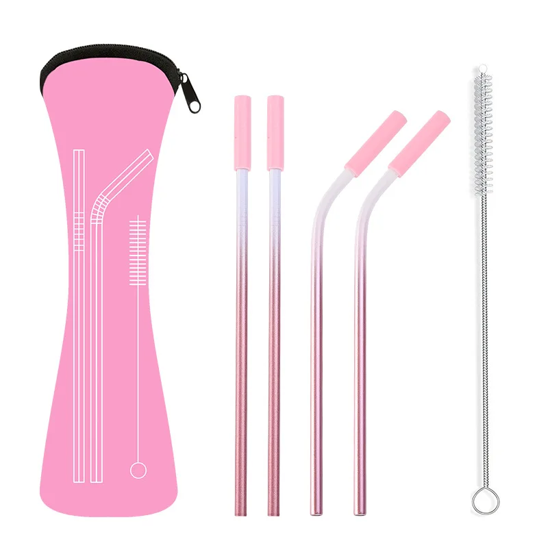 

H543 Bar Kitchen Accessories Novelty Reusable Straight Bent Straws Set Gradual Change Colour Stainless Steel Straw Sets, Multi colour