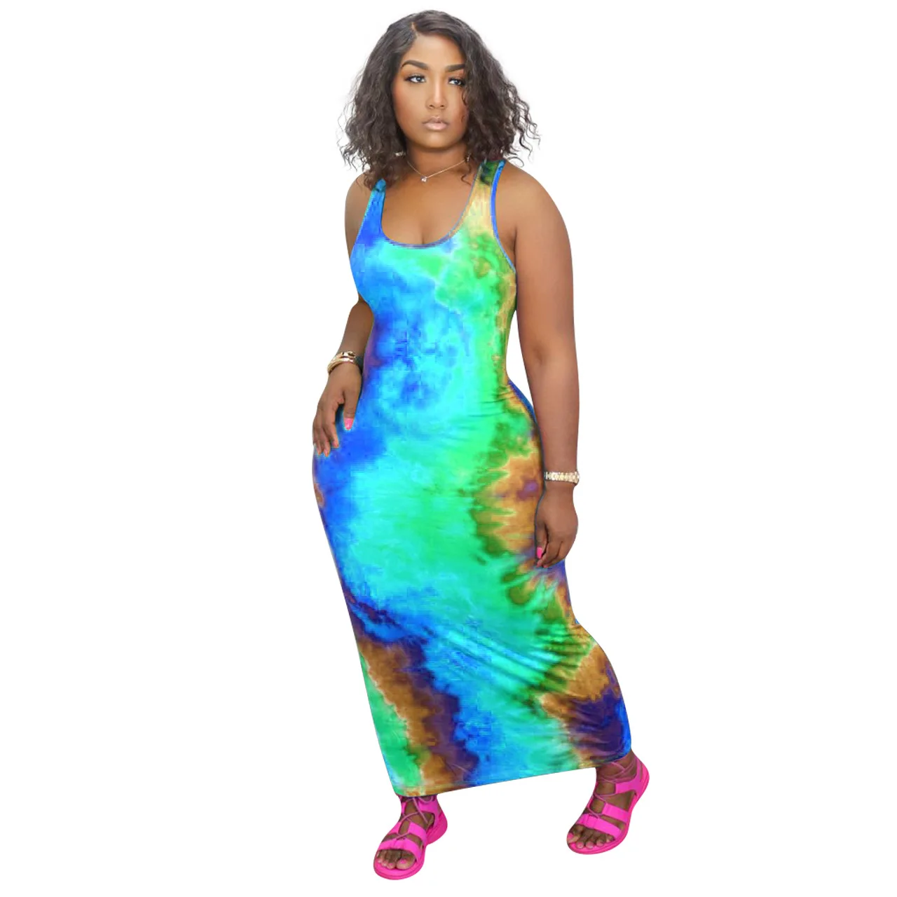 

hot selling s-5xl plus size dress women summer fashion new tie dye sleeveless print summer dress 2021 women
