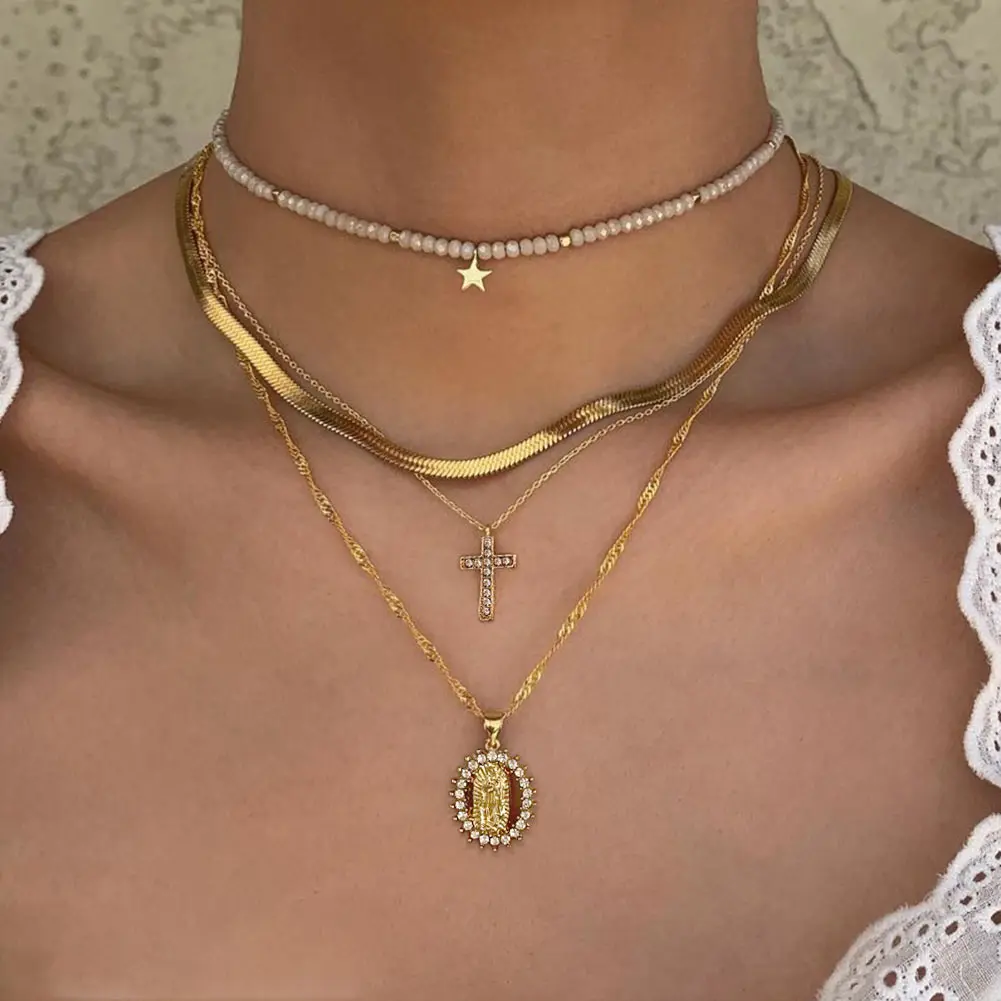 

Trendy Gold Plated Multilayer Necklace Boho Metal Chain Virgin Mary Cross Pendants Necklace For Women Bridal Party Jewelry, Gold color