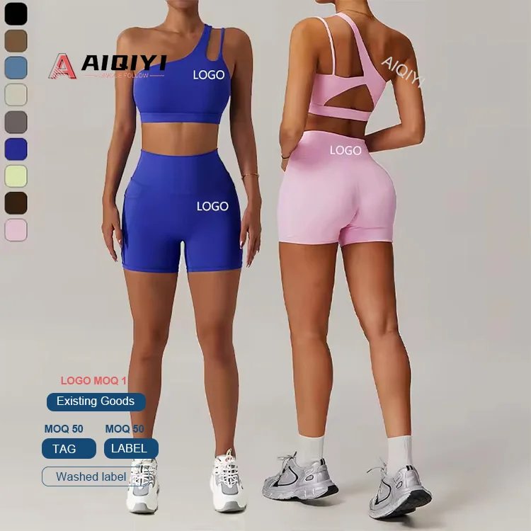 TZ6425 Women's Breathable Yoga Set Quick-Dry Workout Outfit with Pockets Gym Running Fitness Suit One Shoulder Activewear Set