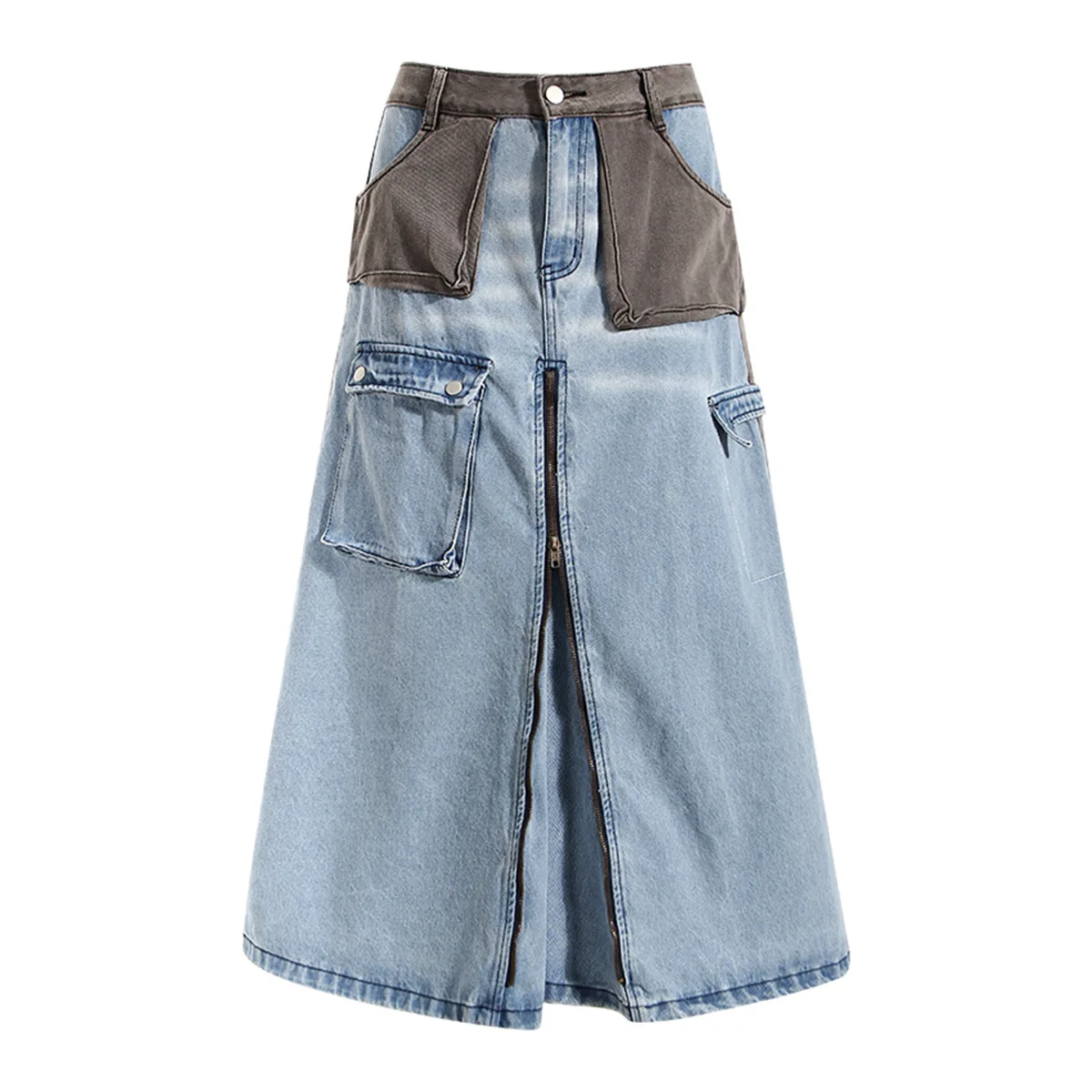 

Clothe Women Niche tooling denim skirt 2023 spring and summer original color collision stitching A-line skirt mid-length7-point