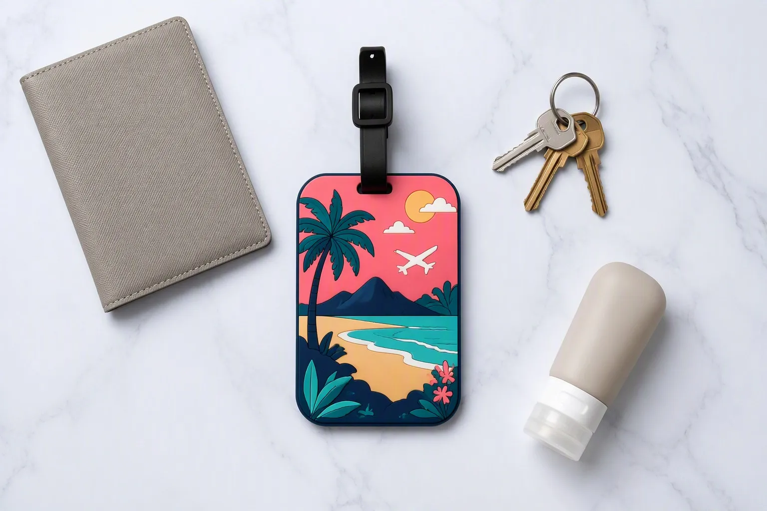 Tropical palm-beach PVC keychain luggage tag on marble flatlay