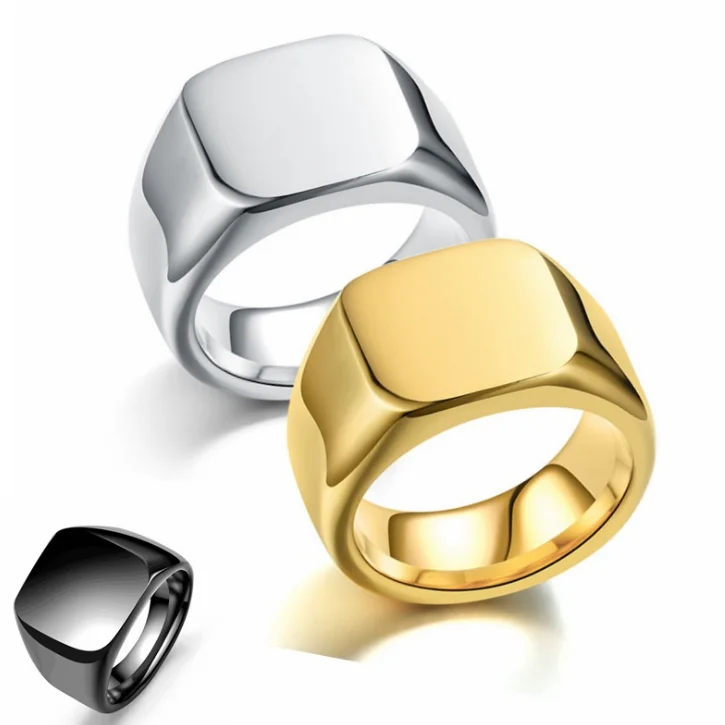 

Custom Stainless Steel Yellow Gold Squared Engravable Signet Rings, Picture shows