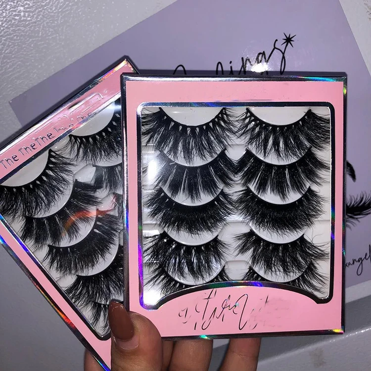 

5Pairs eyelashes with pink eyelash packaging box custom Natural 3D Faux Mink False Eyelashes Wispy Fluffy Cross Long 20mm Lashes