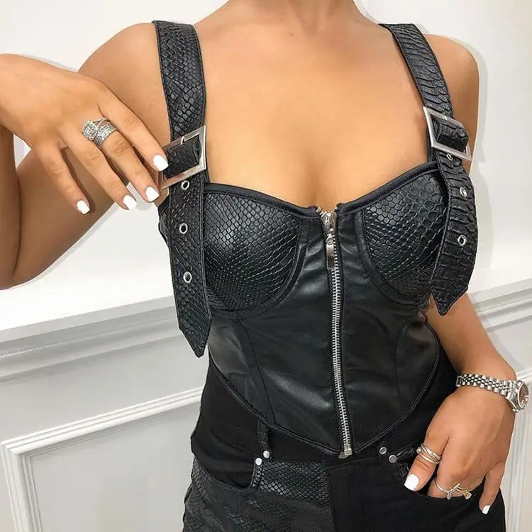 

Fashion Zipper Faux Leather Crop Tops Women Adjustable Strap Backless Skinny Slim Party Clubwear Tank Tops