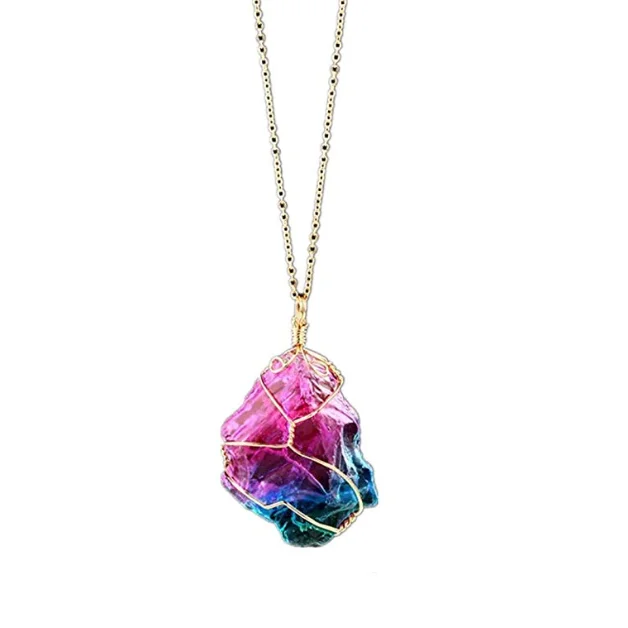 

Natural Rainbow Stone Healing Crystal Rock Quartz Pendant Necklace Birthstone Gold Plated Full Wire Wrap Gemstone Necklace