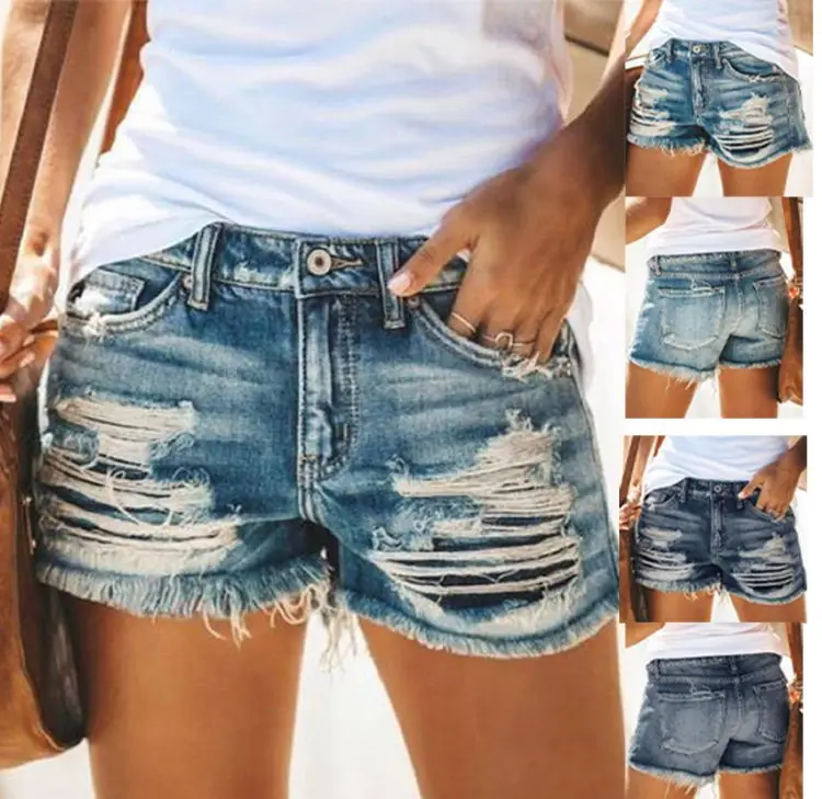 

Summer high waist fringed hole denim shorts women, As picture