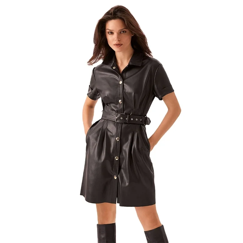 

Hot Sale Summer Plain Leather Dress With Lapel Single Breasted Belt and Short Sleeves for women, Picture color