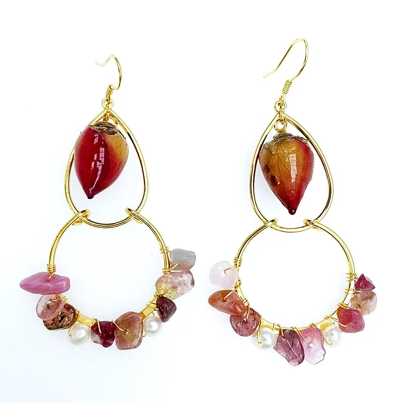 

E401-48New Design handmade s925 hooks 18k gold plated coral seashell Crystal freshwater pearl earring women