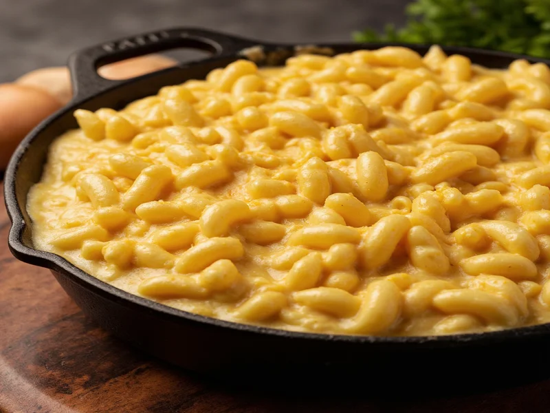Creamy homemade mac and cheese in cast iron pot