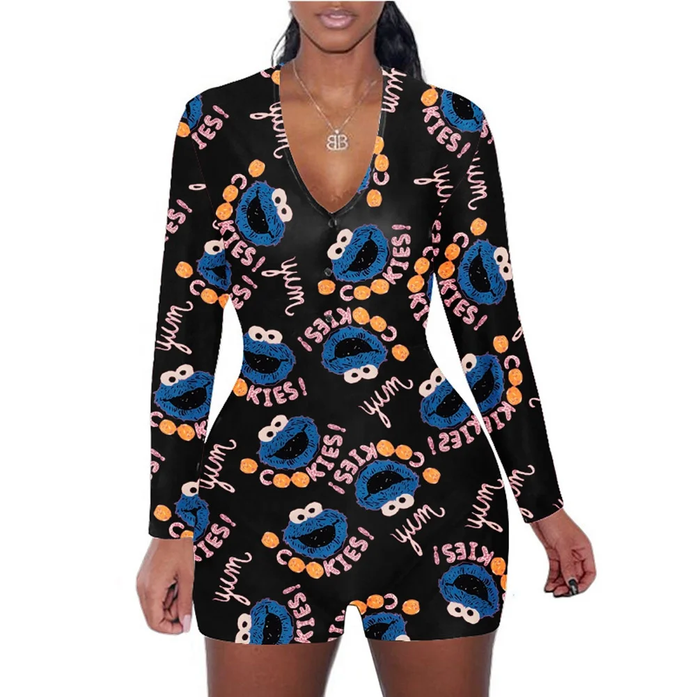 

RUIYI Ladies Longsleeve Romper Onesis Lounge Shorts Cookies Monster Onesie P Valley Onesie Pajamas, Coloful printing