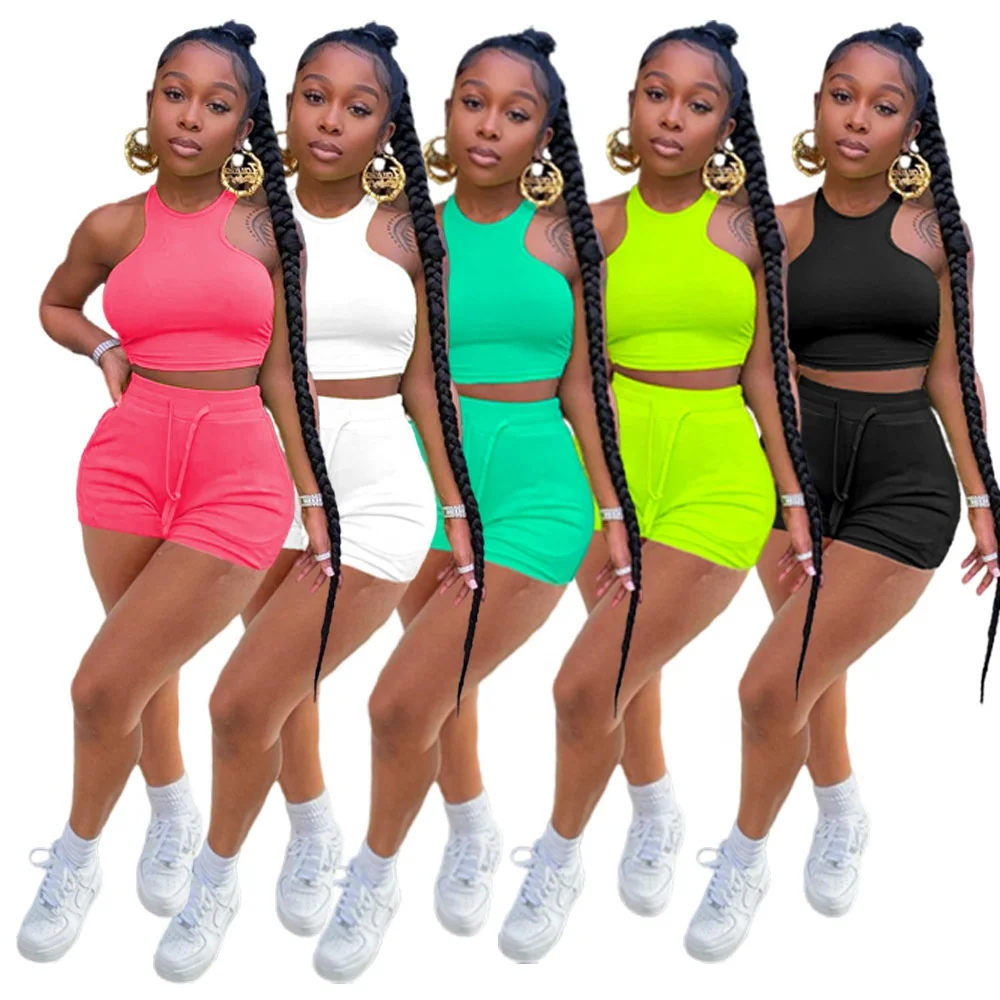 

neon Y9068 new arrival sexy halter top 2 piece sets with pockets summer outfits for women 2021