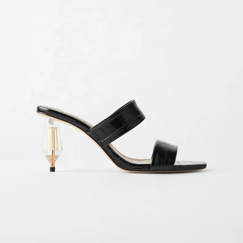 

Embossed upper front strap black heeled slides shoes new fashion high heel women sandals