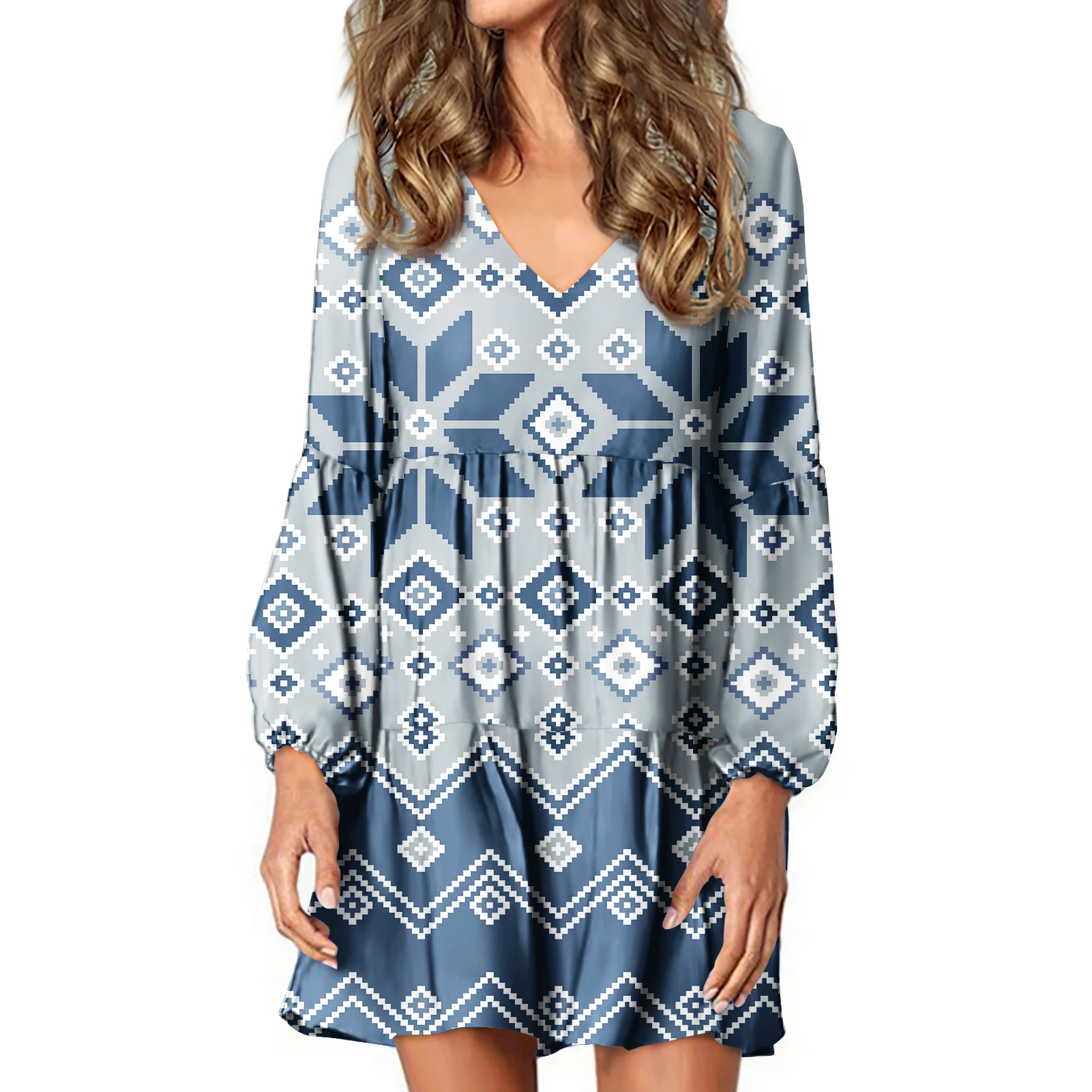 

New Arrivals 2021 Samoa Hibiscus Polynesian Print Women Clothing Casual Dress V-neck Lantern Long Sleeves Plus Size Dress