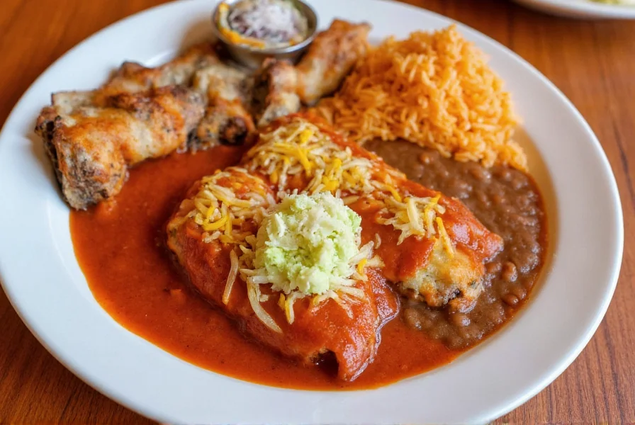Finished chili relleno platter with tomato sauce, refried beans, and Mexican rice as traditional accompaniments